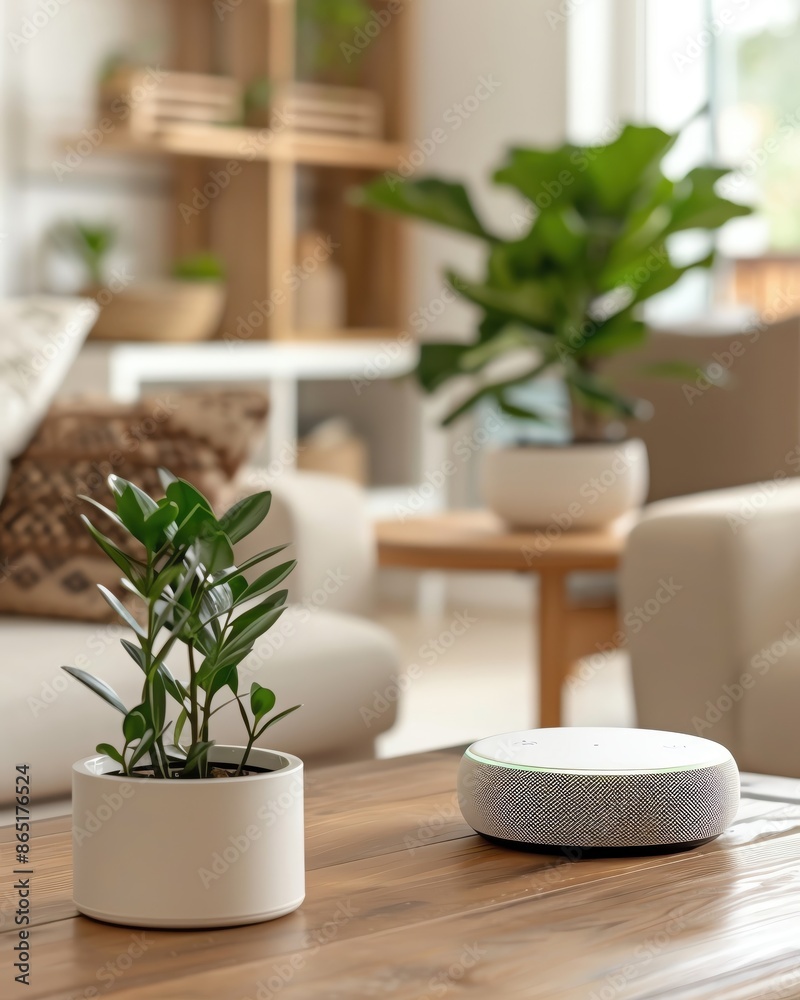 Cozy living room with modern decor, featuring potted plants and a smart speaker on a wooden table. Cozy living room with modern decor, featuring potted plants and a smart speaker on a wooden table.