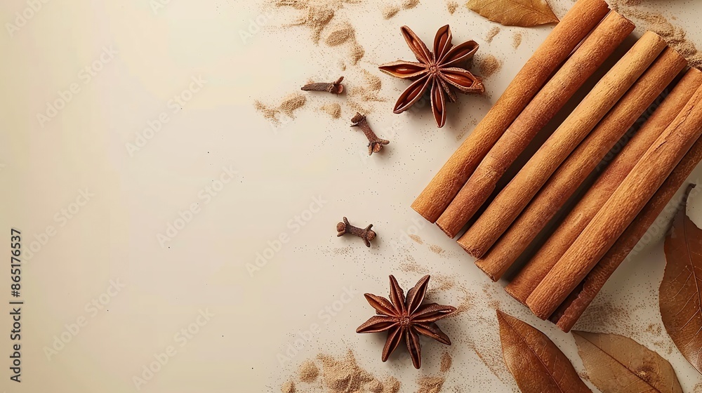 Cinnamon Sticks, Star Anise, and Cloves on a Beige Background Cinnamon Sticks, Star Anise, and Cloves on a Beige Background