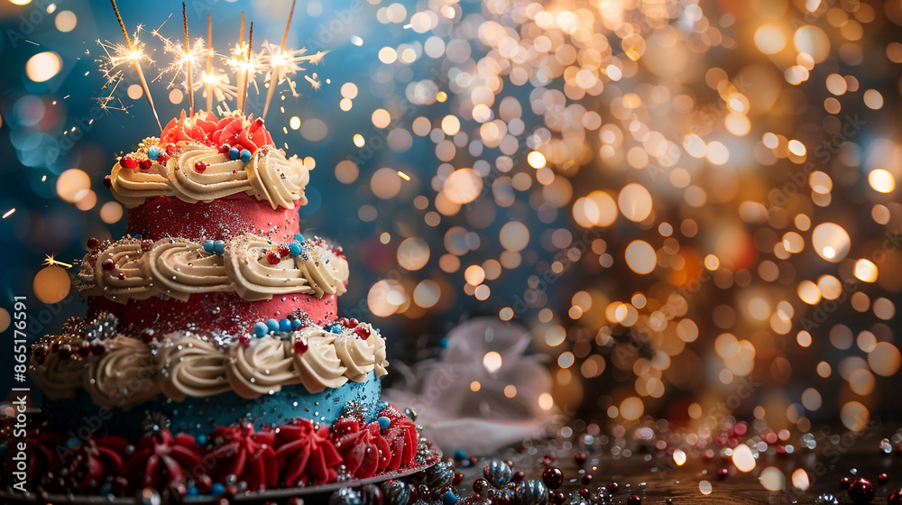 A large, intricately decorated 4th of July cake with red, white, and blue frosting, surrounded by sparklers and festive decorations. A large, intricately decorated 4th of July cake with red, white, and blue frosting, surrounded by sparklers and festive decorations.