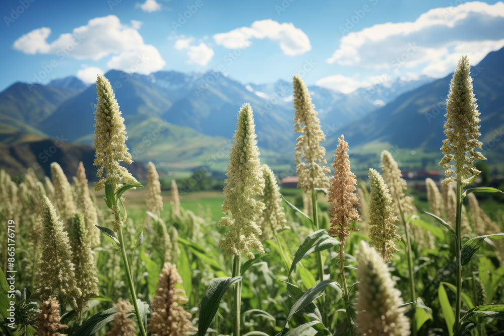 Vibrant quinoa fields set against a backdrop of distant mountains, portraying the resilience of this high-altitude crop. Concept of mountain agriculture. Generative Ai. Vibrant quinoa fields set against a backdrop of distant mountains, portraying the resilience of this high-altitude crop. Concept of mountain agriculture. Generative Ai.