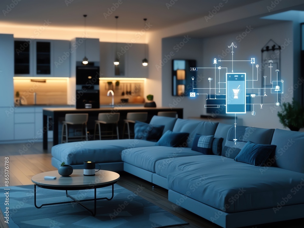 Modern smart home living room with advanced technology and cozy ambiance in the evening, showcasing innovative home automation.