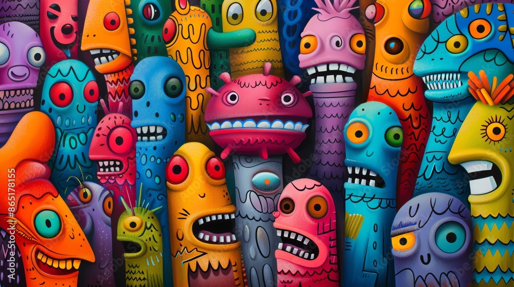 Fototapeta premium Colorful, quirky cartoon monsters with various expressions and vibrant backgrounds, perfect for children's illustrations and creative projects.