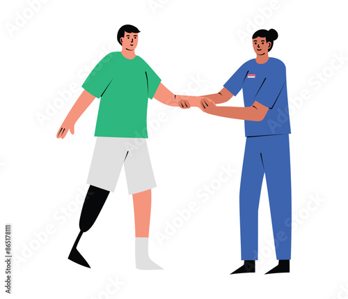 Doctor is helping patient with prosthesis to walk. Patient with artificial limb in recovery. Hand drawn flat vector illustration isolated on white