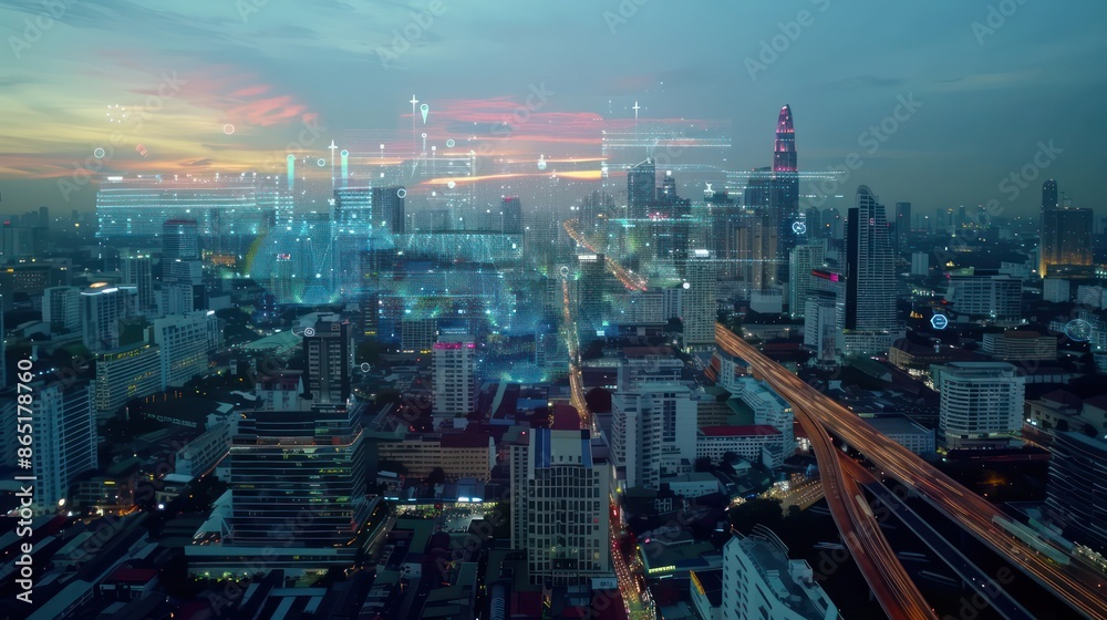 Fototapeta premium Glowing technological process hologram, aerial panoramic city view buildings at sunset