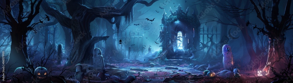 Spooky haunted forest with eerie lighting, old trees, and a glowing ghostly figure near an abandoned house, perfect for Halloween themes. Spooky haunted forest with eerie lighting, old trees, and a glowing ghostly figure near an abandoned house, perfect for Halloween themes.