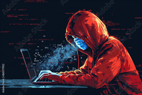 a person wearing a mask and a red hoodie using a laptop