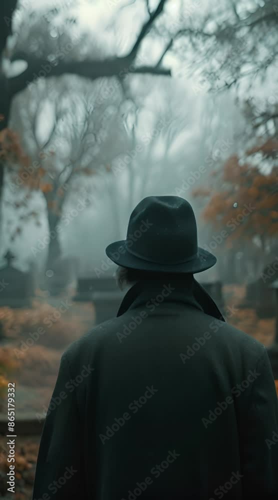 Back view of unrecognizable man in warm clothes and hat walking in cemetery in a foggy day. 4K Video Back view of unrecognizable man in warm clothes and hat walking in cemetery in a foggy day. 4K Video