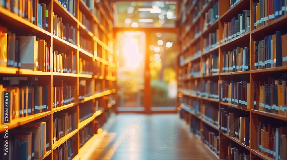 Modern Library Background: Close-Up View of Bookshelves and Sunlit Atmosphere Modern Library Background: Close-Up View of Bookshelves and Sunlit Atmosphere