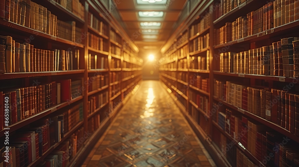 Modern Library Background: Close-Up View of Bookshelves and Sunlit Atmosphere Modern Library Background: Close-Up View of Bookshelves and Sunlit Atmosphere