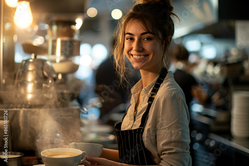 Candid photo of a happy female barista making fresh coffee at a coffee shop