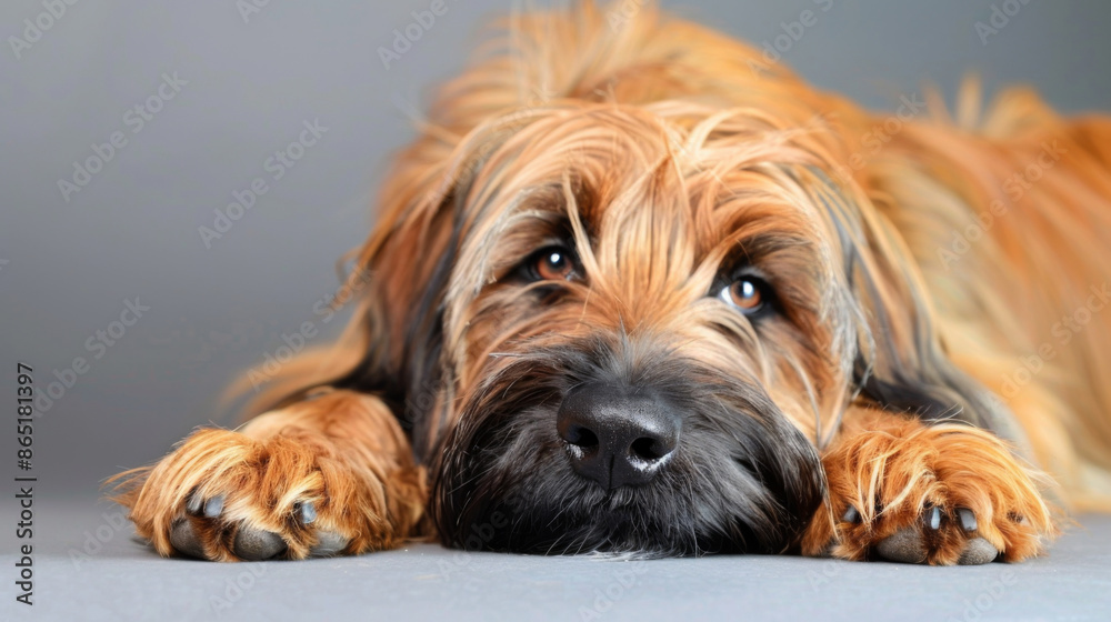 A sleepy brown dog with long hair is laying on a grey surface A sleepy brown dog with long hair is laying on a grey surface