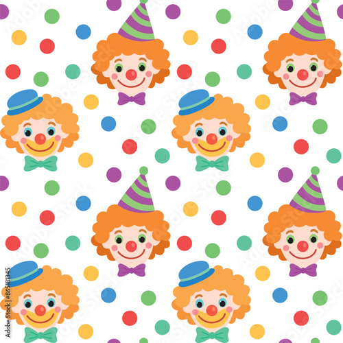Seamless pattern with fun clowns faces and balls. Vector colorful background in flat style