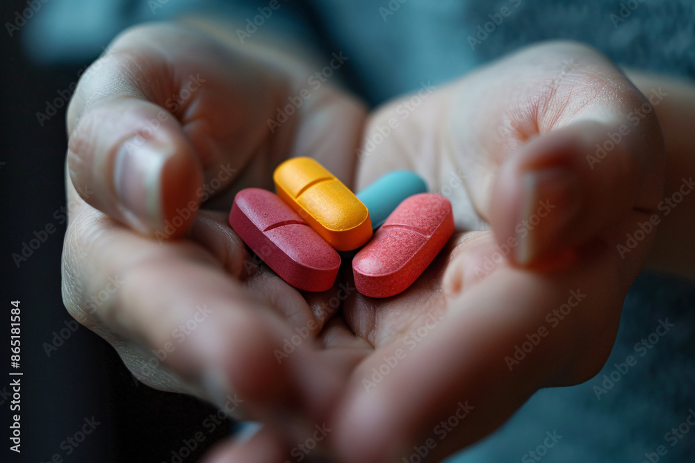 Hands holding colorful medical pills close-up Hands holding colorful medical pills close-up