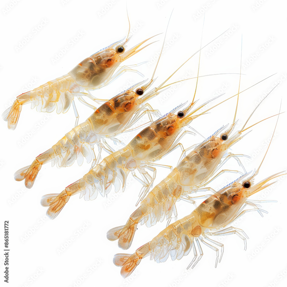 A group of tiny shrimp with transparent bodies, isolated on white background A group of tiny shrimp with transparent bodies, isolated on white background