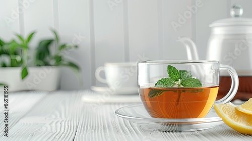 A glass teapot filled with freshly brewed tea, surrounded by sprigs of mint leaves and lemons on a white wooden table