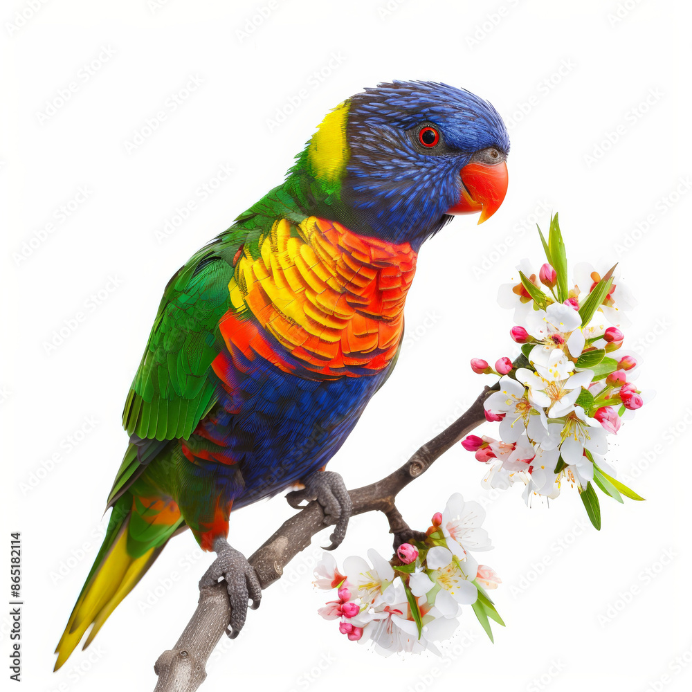 Naklejka premium A colorful rainbow lorikeet with its vibrant feathers, perched on a flowering branch, isolated on white background.