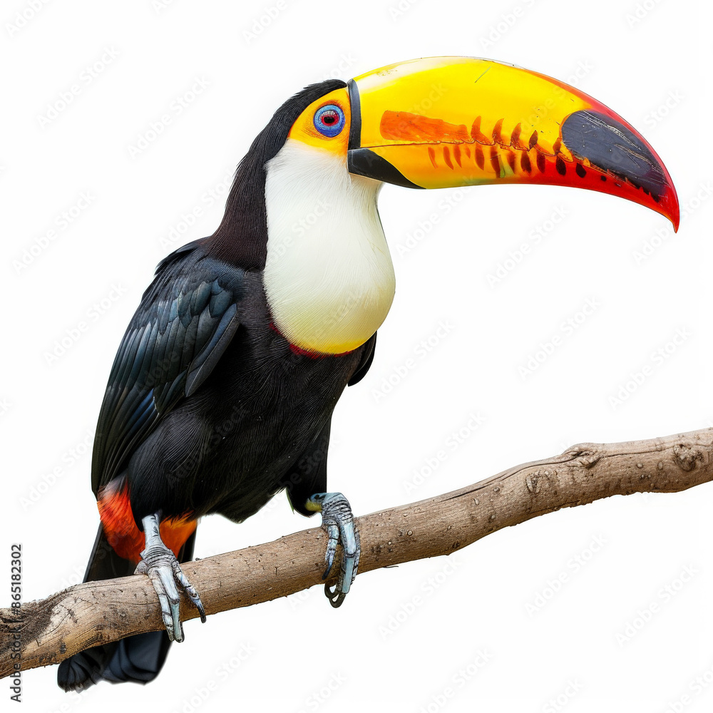 Fototapeta premium A toucan with its large, colorful beak, sitting on a branch, isolated on white background.