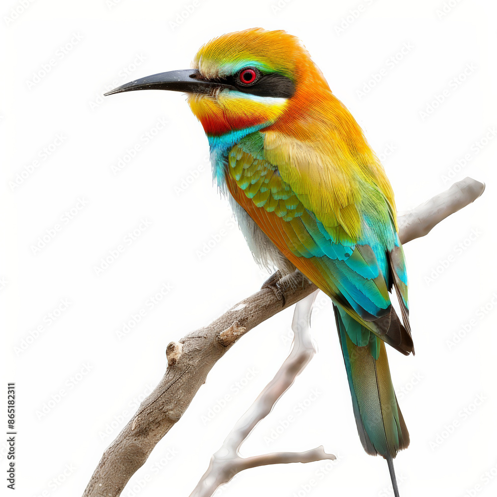 Fototapeta premium A colorful rainbow bee-eater with its vibrant plumage, perched on a twig, isolated on white background.