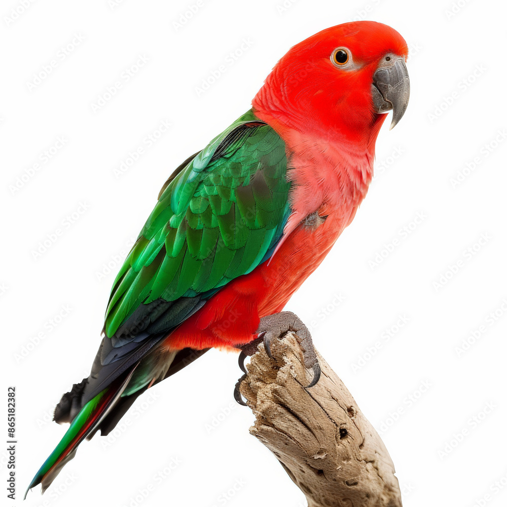 A colorful king parrot with its bright red and green feathers, perched on a branch, isolated on white background. A colorful king parrot with its bright red and green feathers, perched on a branch, isolated on white background.