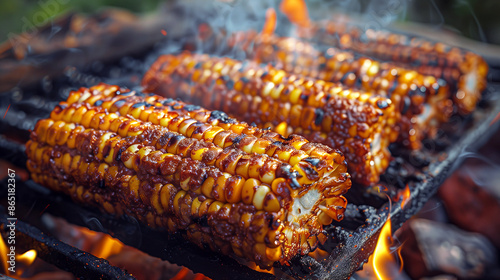Close-up of cooking grilled corn, traditional food and dishes for celebrating the Fourth of July and Juneteenth.