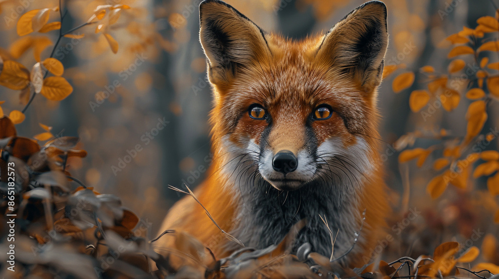 A curious fox peeking out from behind a bush, with a backdrop of a vibrant autumn forest. A curious fox peeking out from behind a bush, with a backdrop of a vibrant autumn forest.
