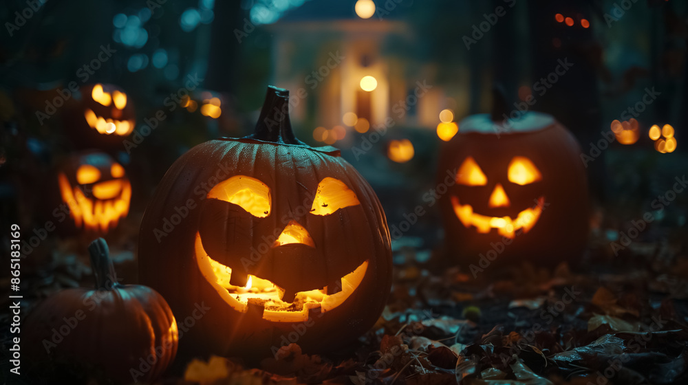Fototapeta premium Illuminated Pumpkin on Wood Halloween Background at Night