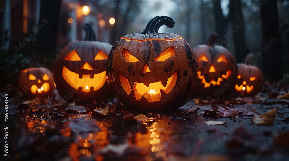 Night Forest Halloween Scene with Illuminated Pumpkins Night Forest Halloween Scene with Illuminated Pumpkins