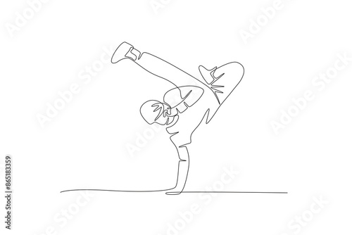 Male break dancer standing with one hand and holding a hat. Break dancing concept one-line drawing
