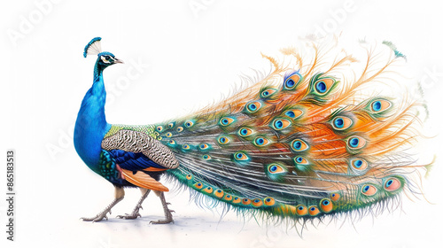 A pencil sketch of a colorful peacock with its feathers spread out in full display, isolated on a white background.