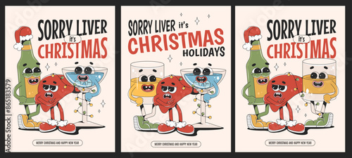 Merry Christmas and Happy New year poster set in retro groovy style. Sad liver, beer and cocktail cartoon characters.