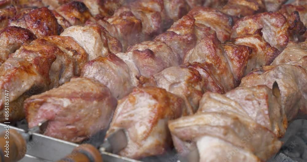 Delicious hot kebabs. Shish kebabs broils in barbecue. Meat are cooked on hot coals in barbecue, rotates on skewers for roasting