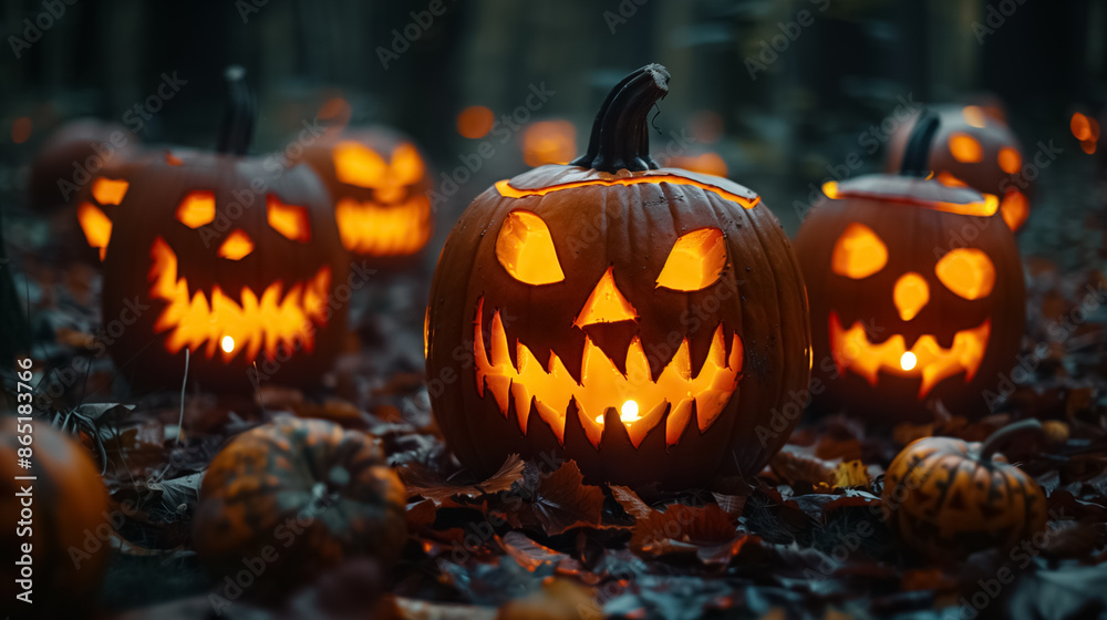 Fototapeta premium Nighttime Forest Halloween Background with Carved Pumpkins