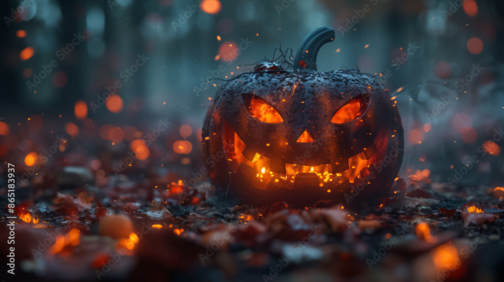 Carved Pumpkin on Wood Spooky Halloween Background Carved Pumpkin on Wood Spooky Halloween Background