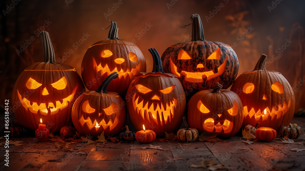 Fototapeta premium Evil-Faced Carved Pumpkins Glowing in the Dark Halloween Background