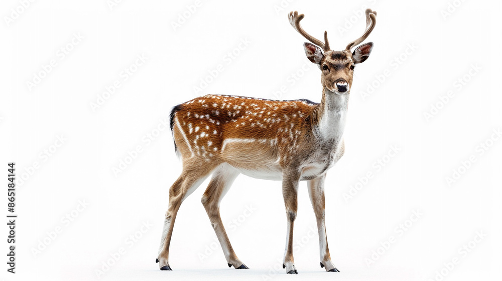 A serene deer standing gracefully, isolated on a white background.