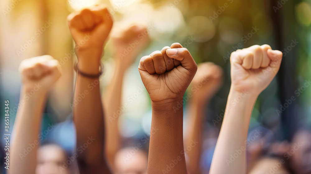 Close up of multiethnic people's hands raising fists in the air, with strong wrists showing the spirit of struggle and solidarity Close up of multiethnic people's hands raising fists in the air, with strong wrists showing the spirit of struggle and solidarity