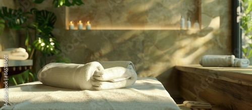 Massage room at a health spa with headrests and towels, space for text photo