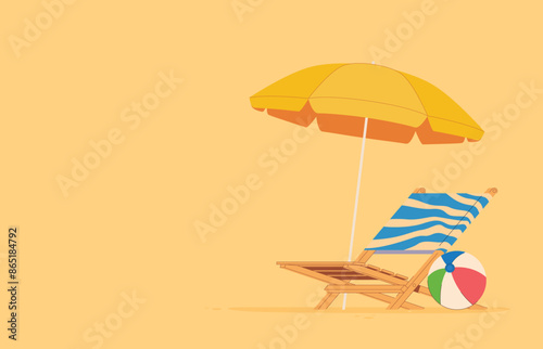 Beach chair lounger with umbrella. Summer vacation by the sea. Warm summer sunny days on vacation. Vector illustration