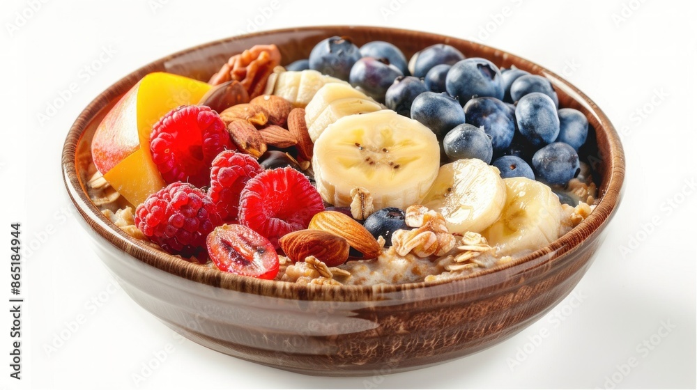 A bowl of oatmeal with fresh fruits and nuts, A bowl of oatmeal with fresh fruits and nuts,