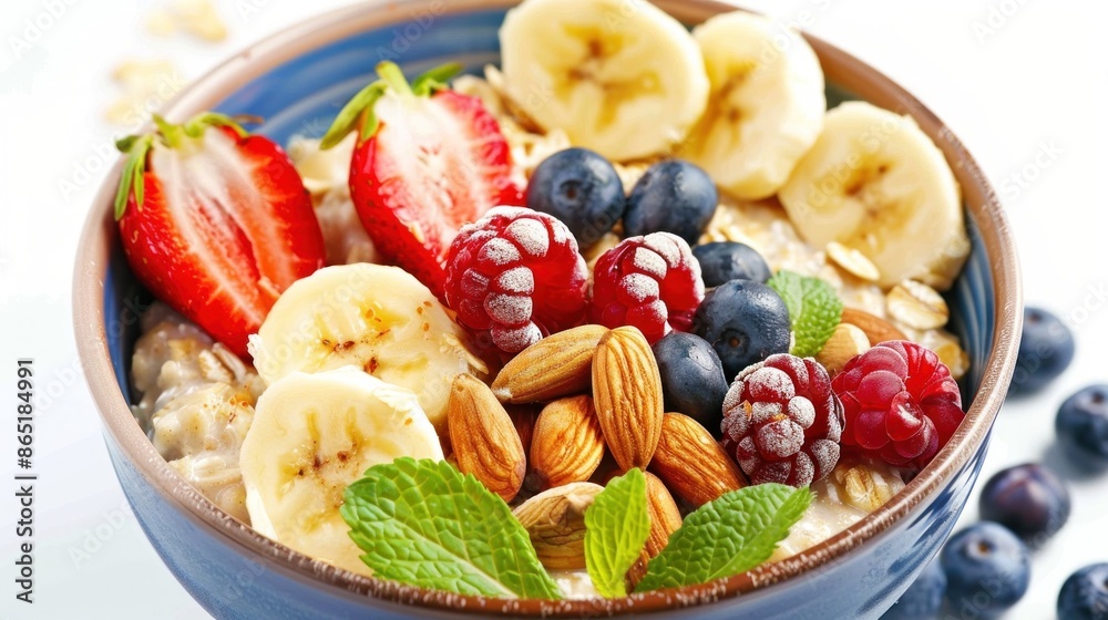 A bowl of oatmeal with fresh fruits and nuts, A bowl of oatmeal with fresh fruits and nuts,