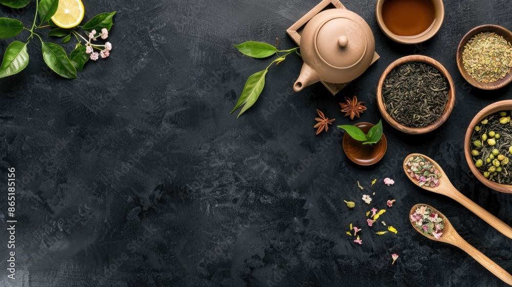 Fototapeta premium A flat lay showcasing a variety of tea ingredients, including loose leaf tea, dried flowers, spices, and lemon, arranged on a black surface
