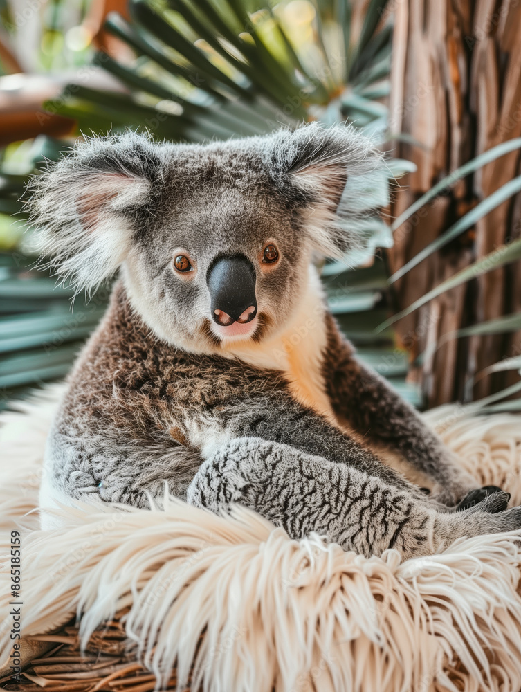 A cute koala sitting on a fluffy rug A cute koala sitting on a fluffy rug