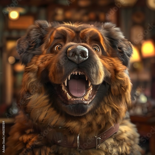 Asian superfat beautiful Tibetan Mastiff dog with large eyes and a sardonic grin 😊 Front view, full length shot, 3D face shot, and warm backdrop ambient light photo