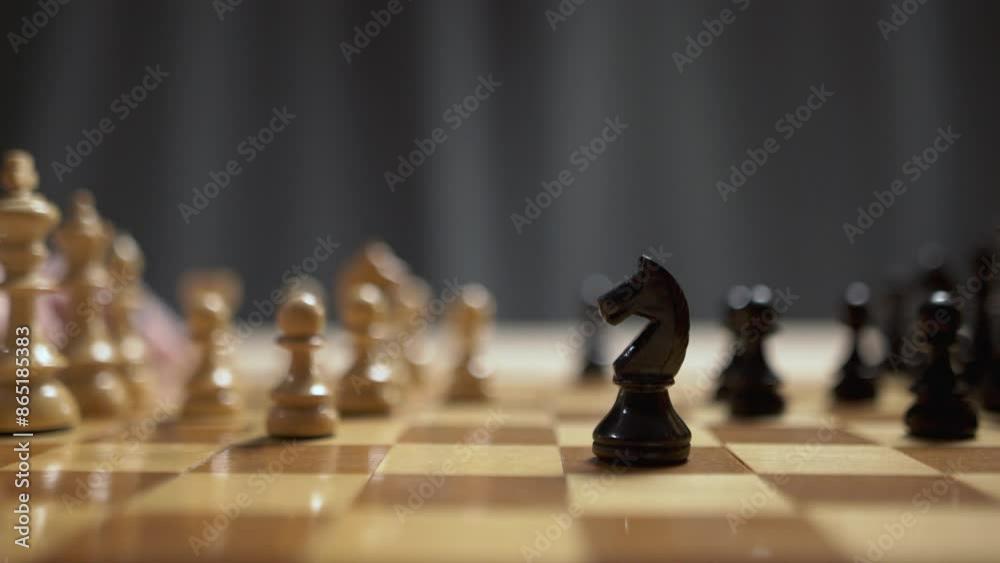 Chess piece knight. male hand player putting piece on board. Wooden chess pieces.