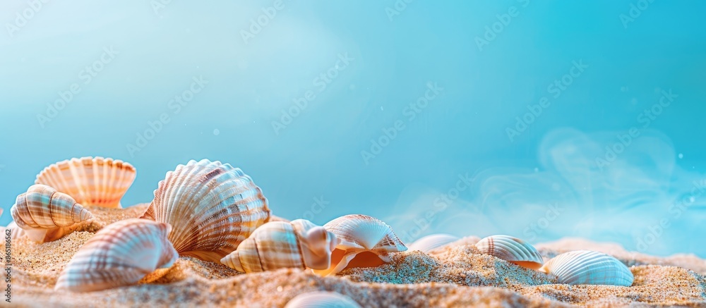 Concept of travel and vacation. Seashells on sandy beach with a blue backdrop. Journey, leisure time. Traveling message. Top-notch image. Concept of travel and vacation. Seashells on sandy beach with a blue backdrop. Journey, leisure time. Traveling message. Top-notch image.