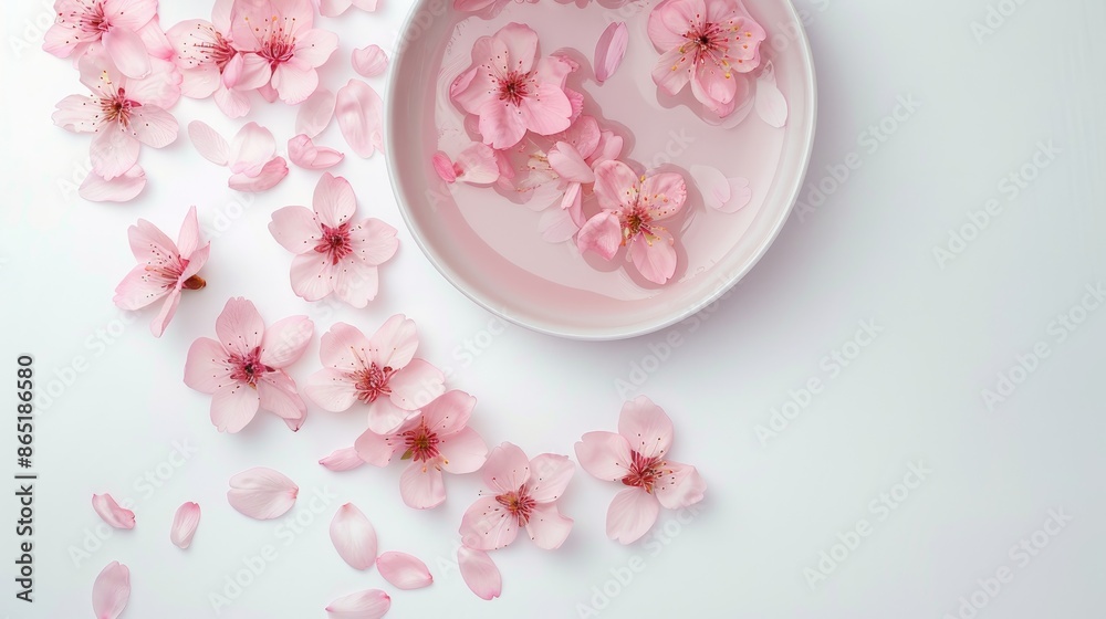 A white background with a pink plate designed in the shape of cherry blossoms A white background with a pink plate designed in the shape of cherry blossoms
