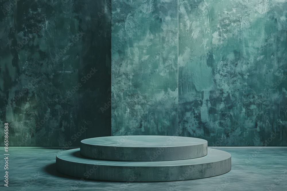 Minimalist empty green podium or pedestal on a green grunge background. Concept of product display, exhibition, showcase, presentation, cosmetics Minimalist empty green podium or pedestal on a green grunge background. Concept of product display, exhibition, showcase, presentation, cosmetics