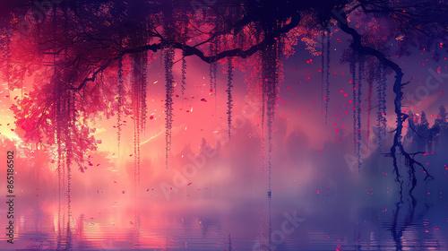 Fototapeta Naklejka Na Ścianę i Meble -  Elegant colorful tree with vibrant leaves hanging branches illustration background. Bright color 3d abstraction wallpaper for interior mural painting wall art decor. Ai 