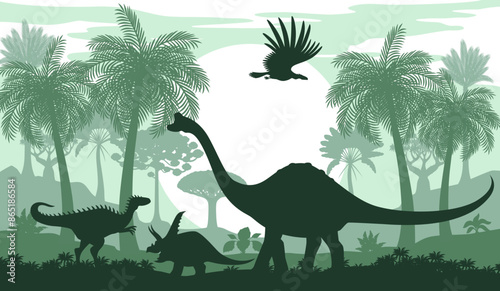 Prehistoric landscape with dinosaur silhouettes in jungle forest of Jurassic park, vector background. Cartoon prehistoric dinosaur lizards and birds in jungle forest with sun and palm trees silhouette
