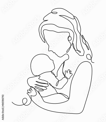 Continuous one line drawing. Woman hold her baby, Minimalist black linear sketch isolated on white background. Vector illustration
